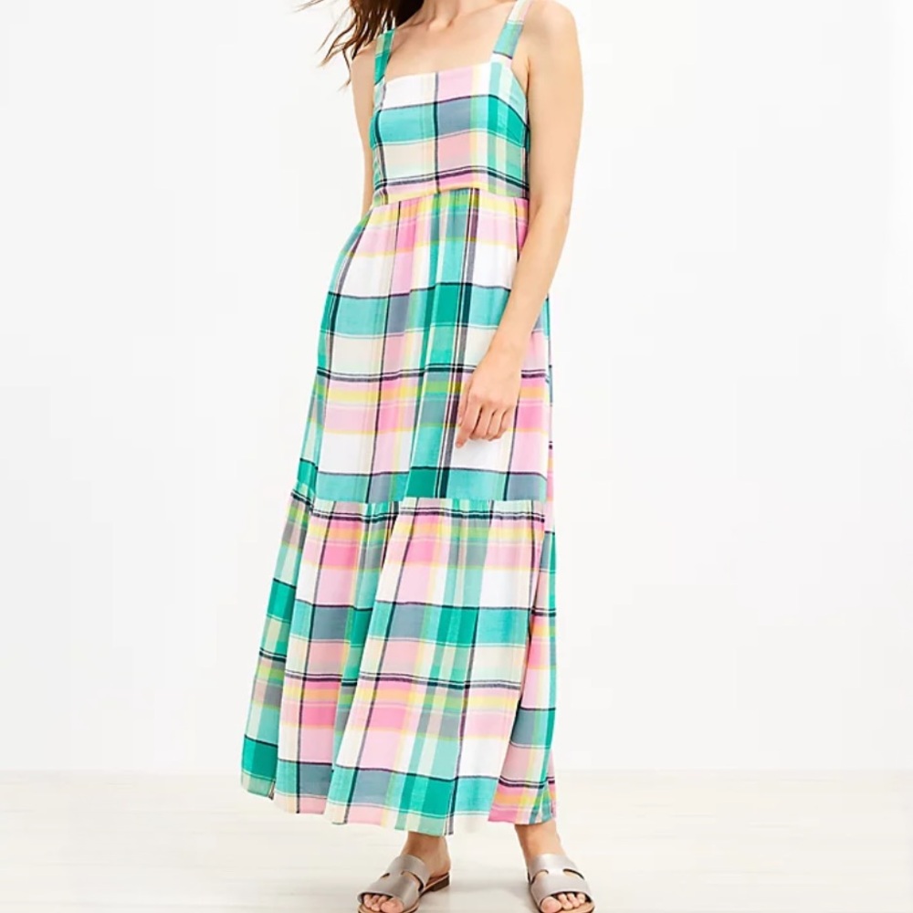 NWT Loft Plaid Strappy Tiered Maxi Pocket Dress